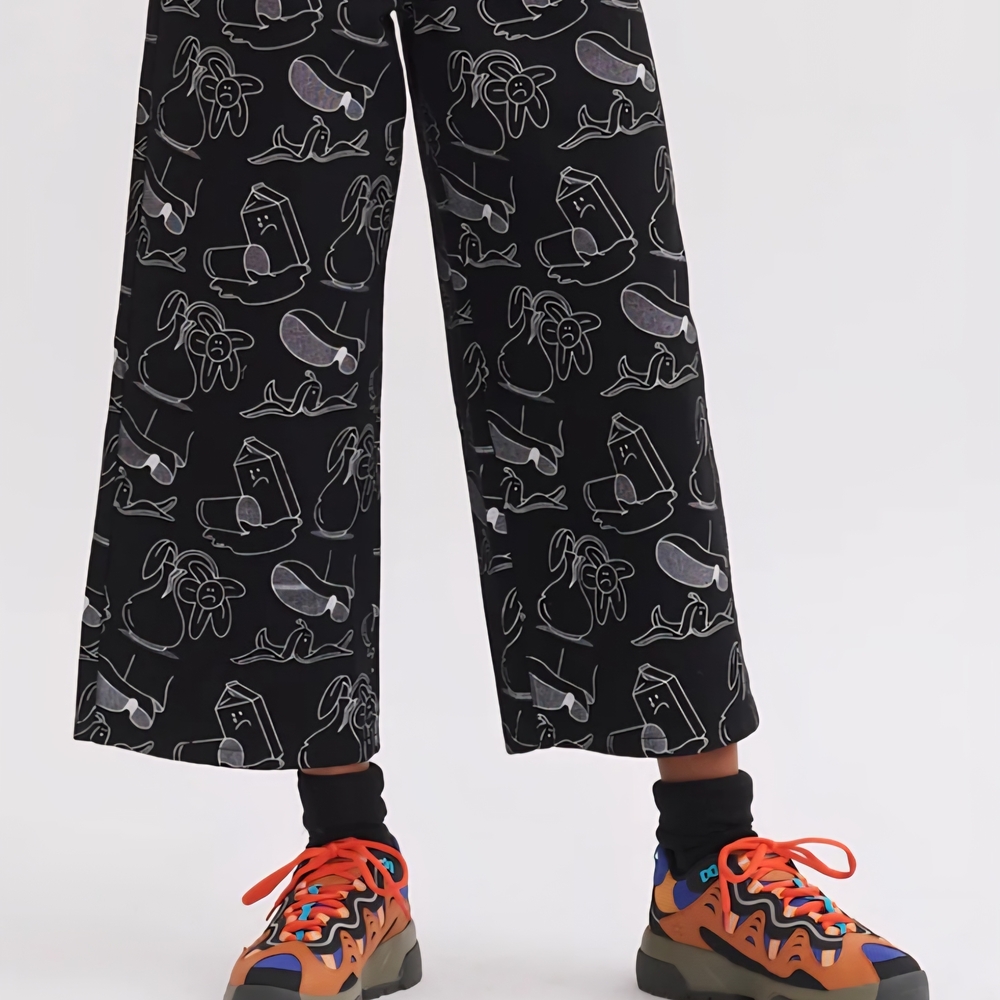 Lazy Oaf Black Wide Leg Pants with White Print